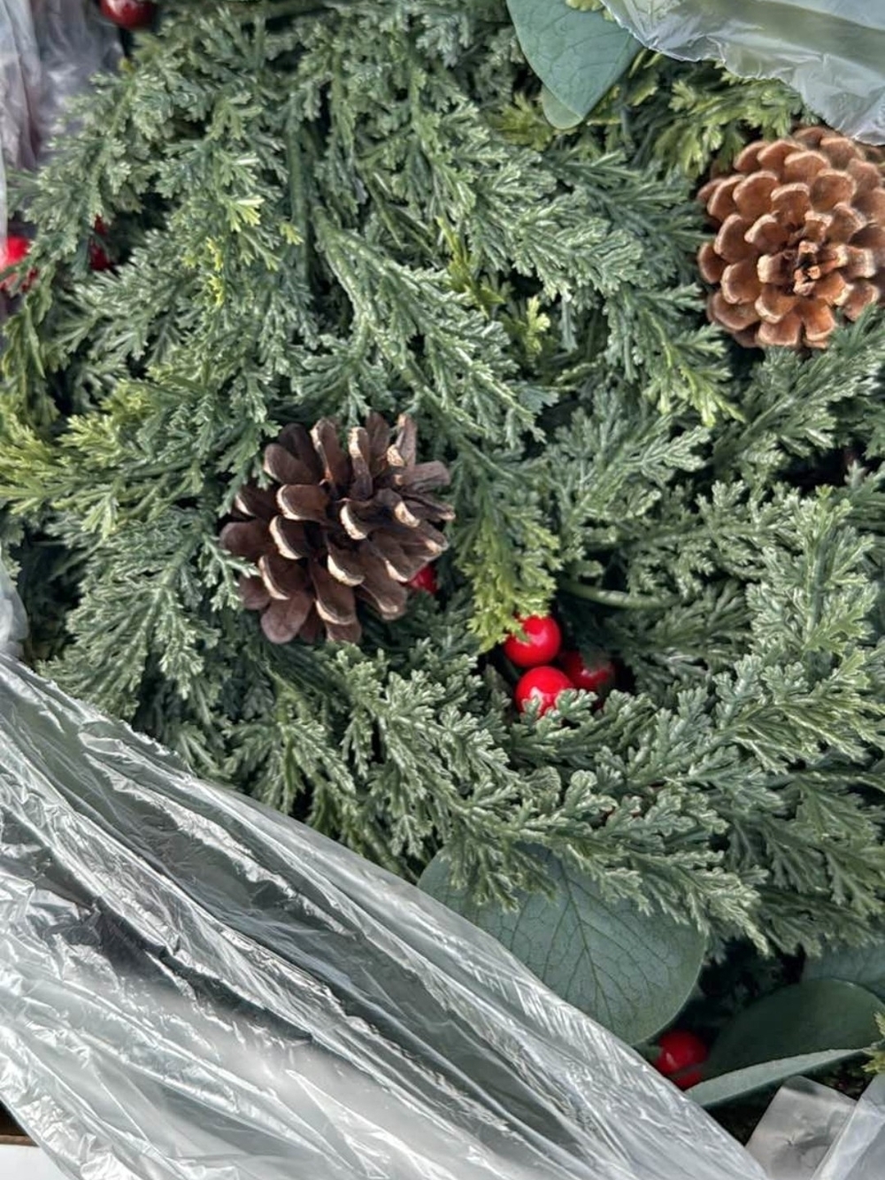 Artificial Cedar Holiday Wreath with Pinecones and Red Berries - Green